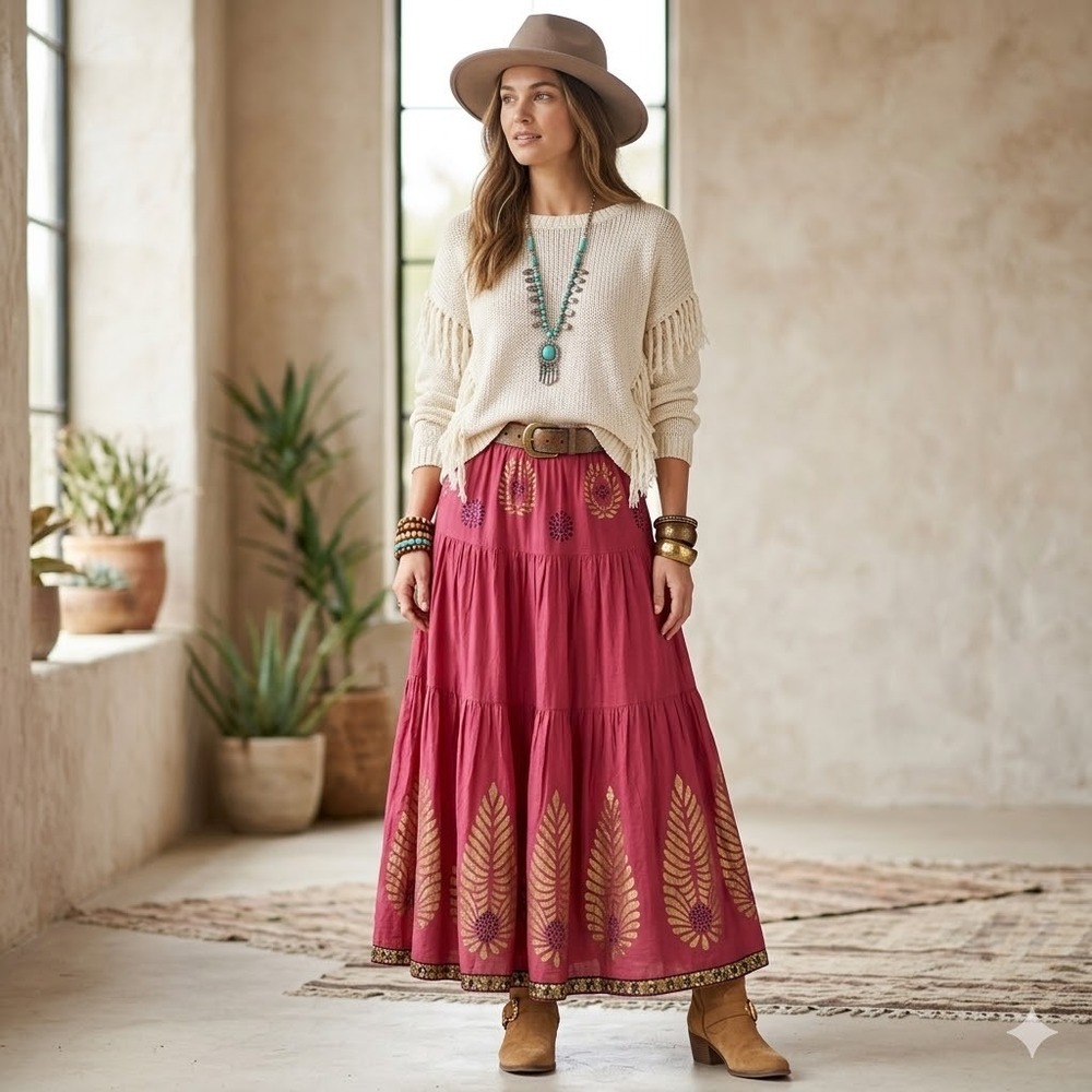Vintage 70s Indian Cotton Gauze Skirt‎ Hand Painted Hippie Festival Maxi Small